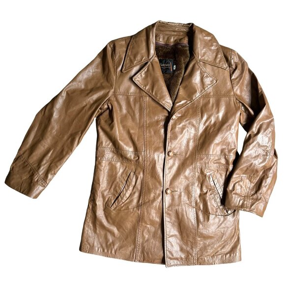 Vintage Gateway Mens Leather Coat Removable Lining 42L Mid Length‎ 70s Retro - Picture 1 of 8